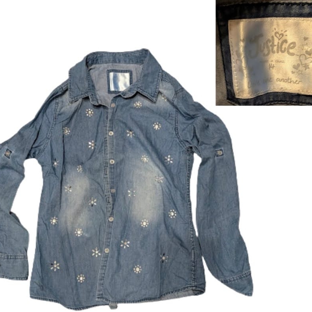 Justice Denim Shirt with Floral Accents
